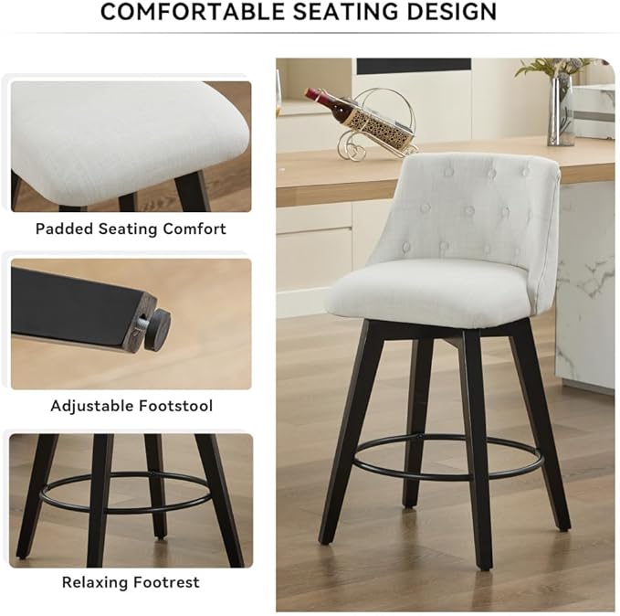 Swivel Counter Chairs, Modern Linen Fabric with Button-Tufted Backrest, Stylish Bar Stools, Set of 2 for Bar, Kitchen Island, Dining Room, White (White + Linen + Foam)