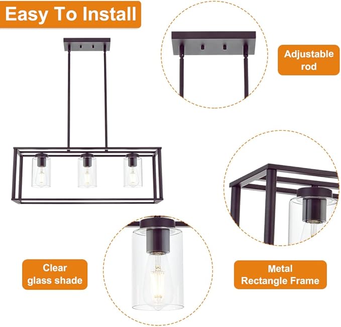 VINLUZ 3-Light Industrial Metal Large Pendant Lighting Oil Rubbed Bronze Modern Linear Chandelier with Clear Glass Shades Farmhouse Rustic Ceiling Light Fixtures Hanging for Dining Room Kitchen Island