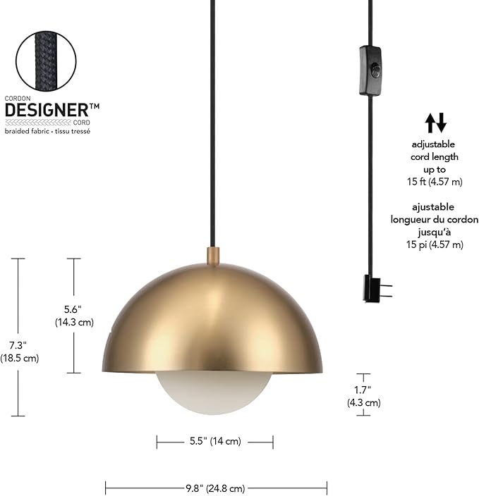 Globe Electric 1-Light Plug-in Pendant Light, Matte Brass Finish, Frosted Glass Shade, 15-Ft Braided Cord, Retro Modern Lighting, 65696