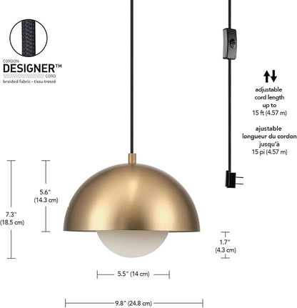 Globe Electric 1-Light Plug-in Pendant Light, Matte Brass Finish, Frosted Glass Shade, 15-Ft Braided Cord, Retro Modern Lighting, 65696