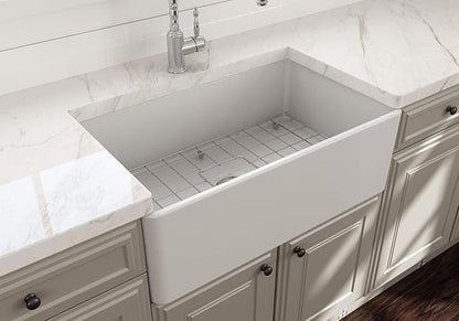 BOCCHI Classico Farmhouse Apron Front Fireclay 30 in. Single Bowl Kitchen Sink with Protective Bottom Grid and Strainer in Matte White