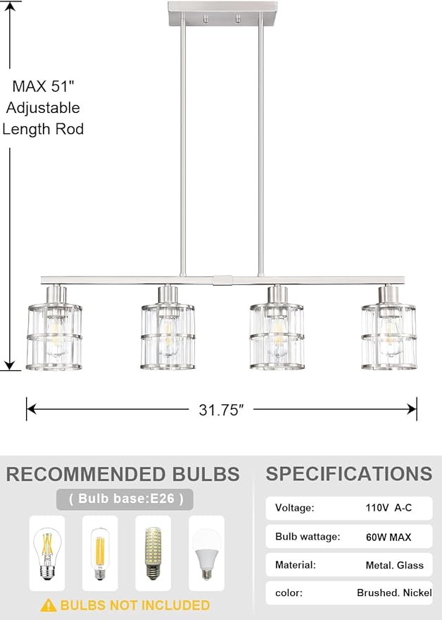 4 Light Kitchen Island Chandelier Brushed Nickel Finish Modern Pendant Light Ceiling Lighting Fixture Metal Clear Glass Dining Room Bar Café Kitchen Island