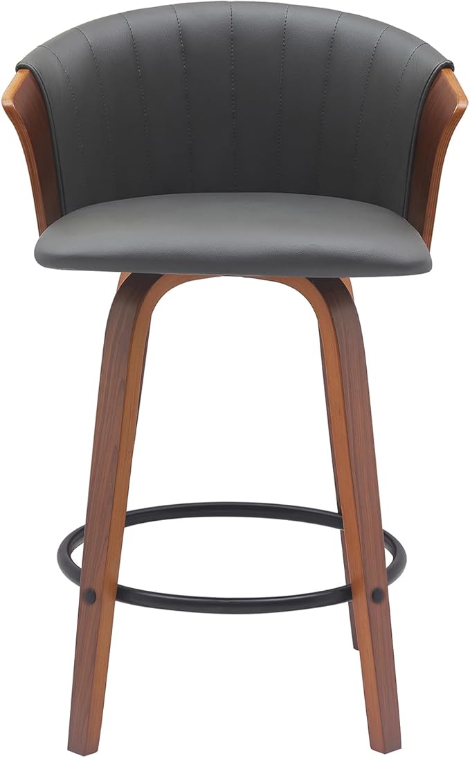 Armen Living Diana 26" Seat Height Mid Century Modern Swivel Walnut Wood Bar Stool for Kitchen Island Counter in Gray Faux Leather