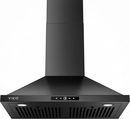 VIKIO HOME 30 inch Wall Mount Range Hood, 580 CFM Kitchen Vent Hood, Ducted/Ductless Convertible with Touch Control, Stainless Steel Stove Vent Hood, Easy Clean Filter, Black