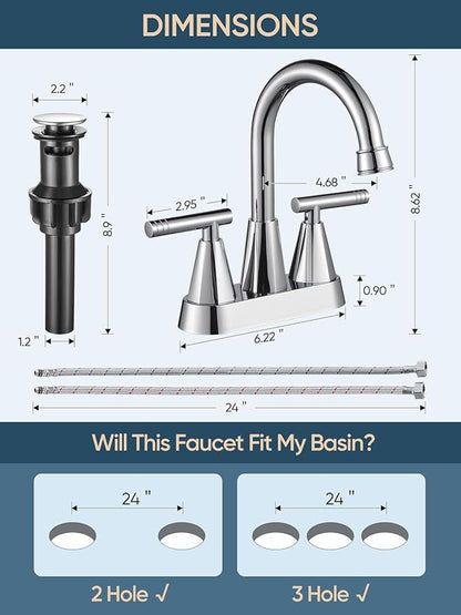 Cobbe Chrome Bathroom Faucets for Sink 3 Hole, 4 inch Chrome Bathroom Sink Faucet with Pop-up Drain and Supply Hoses, Stainless Steel Lead-Free Centerset Touch On Faucets for Bathroom Sink Vanity RV