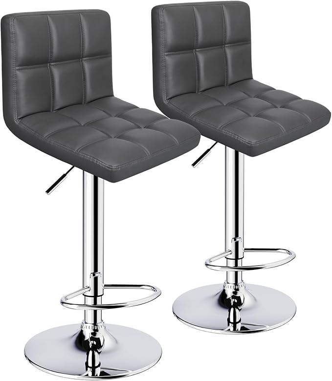 ERGOSEAT Bar Stools Set of 2, Armless Adjustable Swivel Barstools with Back, Double Needle PU Leather Counter Height Bar Stools for Kitchen Island, Grey