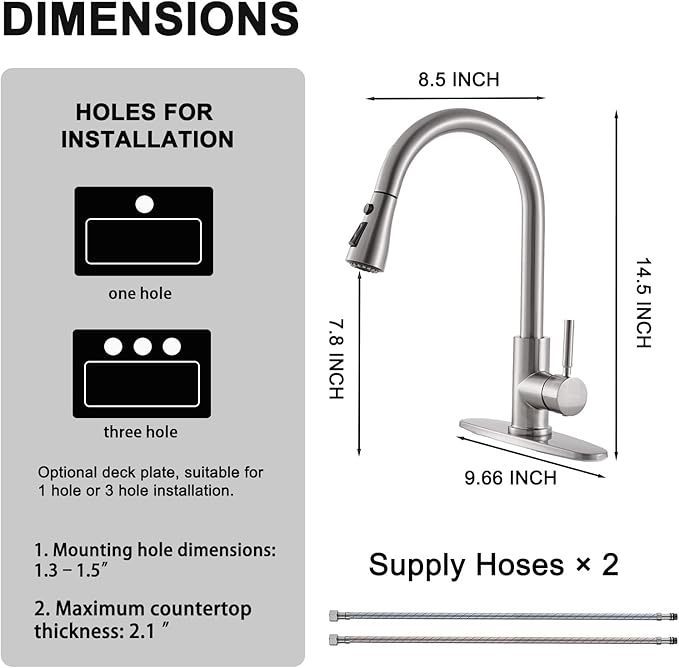 VAPSINT Kitchen Faucet, Brushed Nickel Kitchen Faucet with Pull Down Sprayer, High Arc Single Handle Commercial Stainless Steel Kitchen Sink Faucet 1 or 3 Hole for Farmhouse, RV, Laundry & Bar