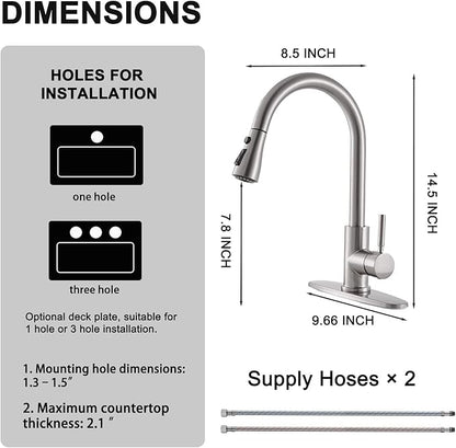 VAPSINT Kitchen Faucet, Brushed Nickel Kitchen Faucet with Pull Down Sprayer, High Arc Single Handle Commercial Stainless Steel Kitchen Sink Faucet 1 or 3 Hole for Farmhouse, RV, Laundry & Bar