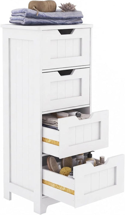 Casaphoria Skinny Bathroom Floor Storage Cabinet, 4-Drawer Narrow Freestanding Tower Cabinet with Anti-Tip Kit, Space-Saving Wooden Organizer for Small Spaces, White