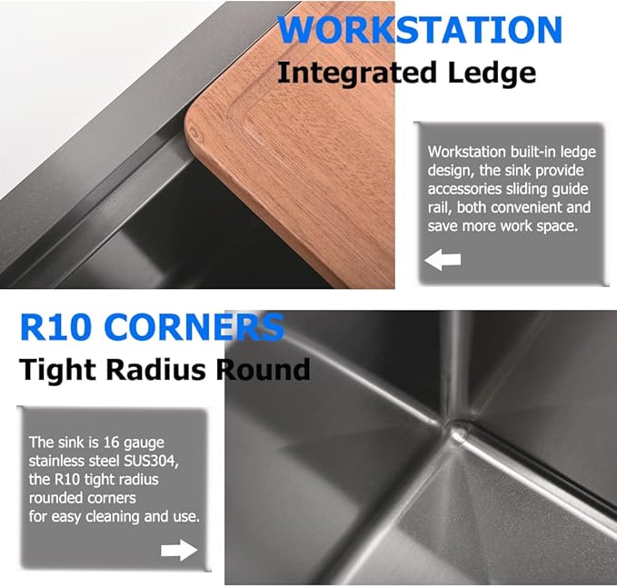 Black Undermount Kitchen Sink, 32x19 Kitchen Sink Undermount Black Stainless Steel Sinks Ledge Workstation 16 Gauge Deep Single Bowl Basin with Cutting Board