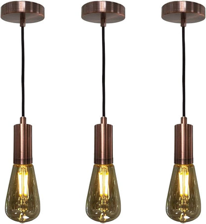 Royal Designs, Inc. Hanging Pendant Lighting, Keyless Cylinder-Shaped Pendant Light Socket and Canopy, Antique Copper with Brown Rayon Fabric Cord