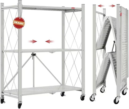 DEANIC 3 Tier Foldable Storage Shelves with Wheels, Kitchen Appliance Stand, Freestanding Metal Wire Shelf Rack, No Assembly Organizer Rolling Cart for Garage, Basement, Pantry(Grey)