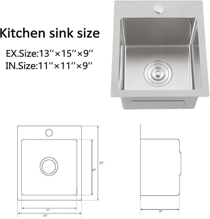Hotis Drop in Bar Sink, 13 x 15 Inch Topmount RV Small Kitchen Wet Bar Sink, Stainless Steel Small Kitchen Sinks Brushed Nickel for Laundry Wet Bar Prep RV Office Outdoor Yard