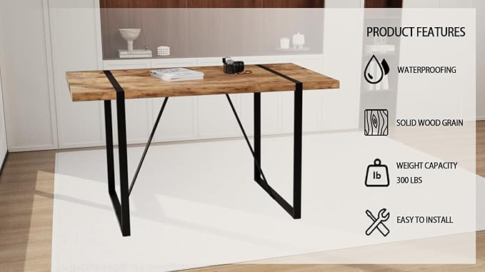 55" Stain-Resistant Dining Table, Kitchen Table with Metal Legs, Dinner Tables with Stable Frame for Dining Room & Living Space, Wood