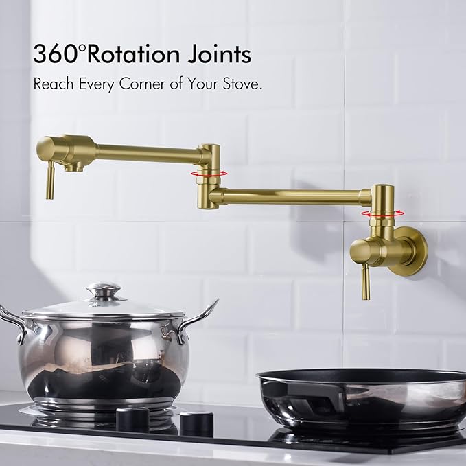BAGNOLUX Traditional Wall Mounted Single Hole Pot Filler Faucet, Brass Kitchen Faucet Restaurant Stove with 2 Lever Handles and Double Jointed Swing Arm, 23.4 Inch, Brushed Gloss Dark Gold-PVD