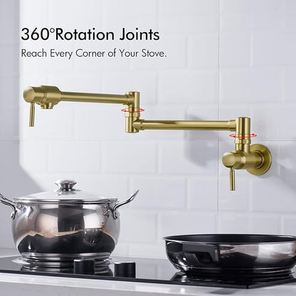 BAGNOLUX Traditional Wall Mounted Single Hole Pot Filler Faucet, Brass Kitchen Faucet Restaurant Stove with 2 Lever Handles and Double Jointed Swing Arm, 23.4 Inch, Brushed Gloss Dark Gold-PVD