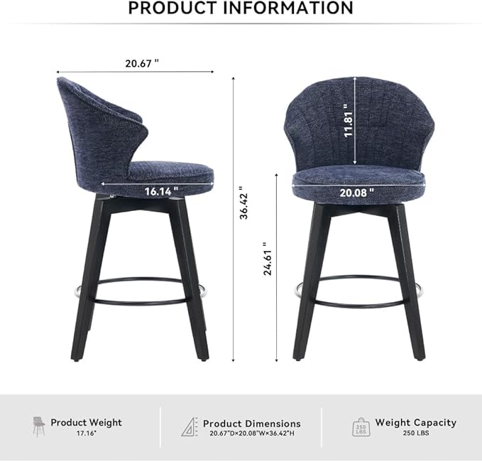 Set of 2 Counter Height Swivel Bar Stools, Chenille Upholstered Chairs with Wide Backrest for Bar, Kitchen Island, Dining Room, Dark Grey (Blue + Chenille + Foam)