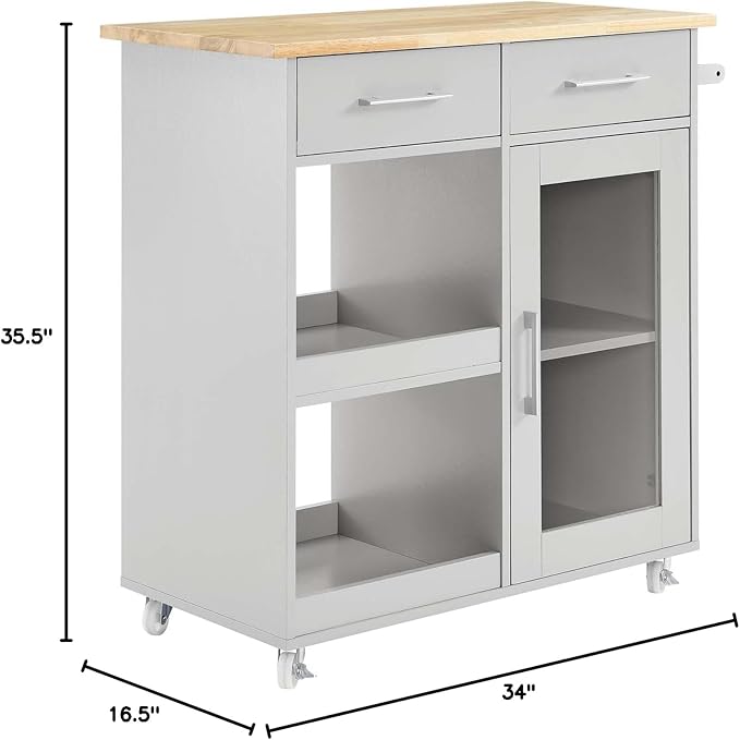 Modway Culinary Rolling Kitchen Cart with Storage in Light Gray Natural - 3 Tiers Kitchen Island on Wheels with Towel Bar, Functional as a Coffee Station, Bar Cabinet or Butcher Block Island