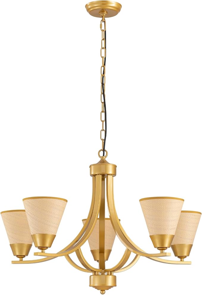 Farmhouse Rattan Chandelier Light Fixture,5-Light Gold Woven Boho Rattan Pendant Light Fixture,Boho Chandelier Lights Ceiling Hanging,Chandeliers for Dining Room,Kitchen Island,Living Room,Bedroom