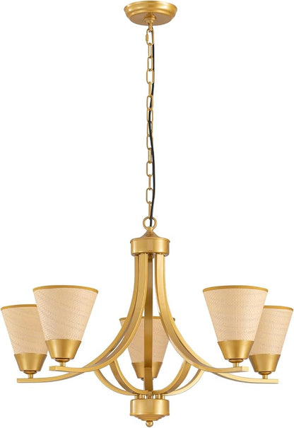 Farmhouse Rattan Chandelier Light Fixture,5-Light Gold Woven Boho Rattan Pendant Light Fixture,Boho Chandelier Lights Ceiling Hanging,Chandeliers for Dining Room,Kitchen Island,Living Room,Bedroom
