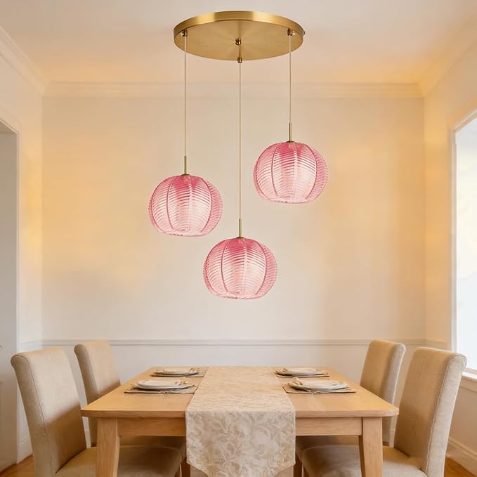 Cluster Chandelier 3-Lights Gold Pink Pendant Light Fixtures Glass Globe Chandeliers Dining Room Classic Glass Ball 8.6" Shade Adjustable Height Mid Century Modern Chandelier