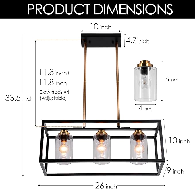 Black Farmhouse Kitchen Island Lighting, Modern Industrial Chandelier, 3-Light Linear Rectangular Pendant Light Fixtures for Farmhouse Kitchen Dining Room Bar Foyer(Metal, Height Adjustable)
