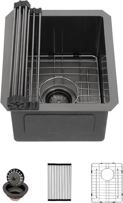 Sarlai 13 Black Bar Sink Undermount - 13x15 Gunmetal Black Under Counter Bar Prep RV Outdoor Kitchen Sink 16 Guage Stainless Steel Single Bowl Deep Sinks Basin