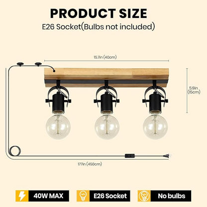SEEBLEN 3 Light Plug in Track Light,Farmhouse Plug in Ceiling Light with 14.76-Foot Cord,Rotatable Ceiling Spotlight for Kitchen Dining Room Cabinet Hallway Living Room(No Bulb)