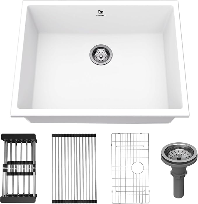 Quartz Kitchen Sink, 20 Inch White Undermount Kitchen Sinks, Deep Single Bowl Granite Composite Sink, Modern Sinks Providing Complete Accessories, Spacious Workspace and Easy Cleaning
