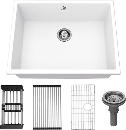 Quartz Kitchen Sink, 20 Inch White Undermount Kitchen Sinks, Deep Single Bowl Granite Composite Sink, Modern Sinks Providing Complete Accessories, Spacious Workspace and Easy Cleaning