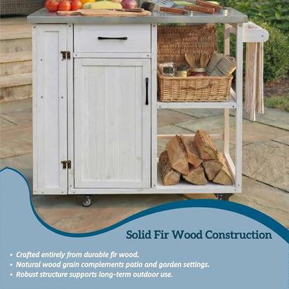 MERITLINE Outdoor Kitchen Island with Stainless Steel Top, Lockable Wheels & Towel Rack, Mobile BBQ Prep Cart with Hidden Cabinet, Drawer, Shelves for Patio, Garden, Backyard, White