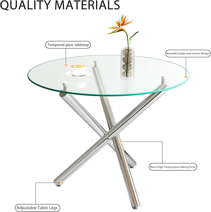 36" Round Glass Dining Table for 4, Modern Dining Room Table with Silver Metal Cross Legs, Adjustable Foot Pads, Tempered Glass Top Kitchen Dinner Tables for Kitchen Dining Room Small Apartment