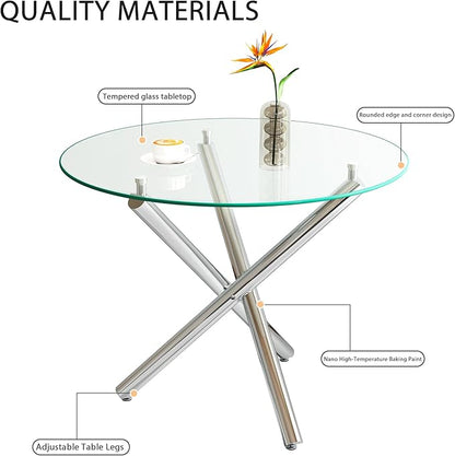 36" Round Glass Dining Table for 4, Modern Dining Room Table with Silver Metal Cross Legs, Adjustable Foot Pads, Tempered Glass Top Kitchen Dinner Tables for Kitchen Dining Room Small Apartment