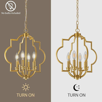 4-Light Brushed Gold Chandeliers for Dining Room, 15.6" Farmhouse Geometric Pendant Light Fixture for Entryway Foyer Kitchen Bathroom Over Sink