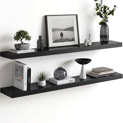 Homeforia Floating Black Shelf 42 inch, High End Solid Real Wood 42 inches Long Floating Shelves for Wall, Black Wooden 42inch Large Floating Shelves, Heavy Duty Bracket, 42 X 6.5 X 1.75 in, Set of 2