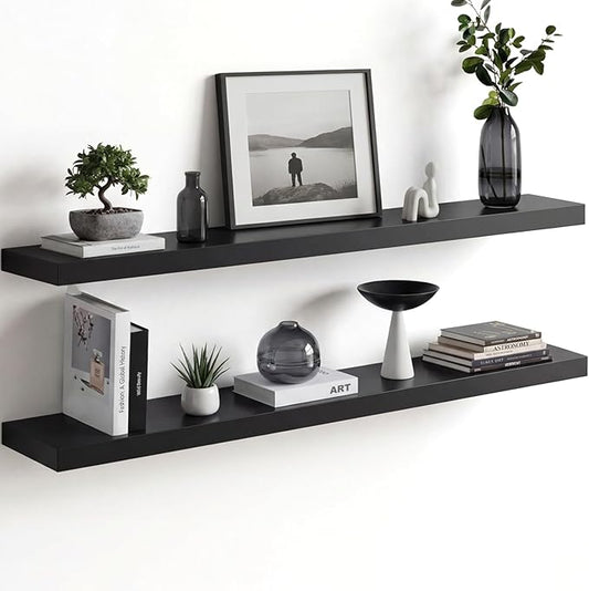 Homeforia Floating Black Shelf 42 inch, High End Solid Real Wood 42 inches Long Floating Shelves for Wall, Black Wooden 42inch Large Floating Shelves, Heavy Duty Bracket, 42 X 6.5 X 1.75 in, Set of 2