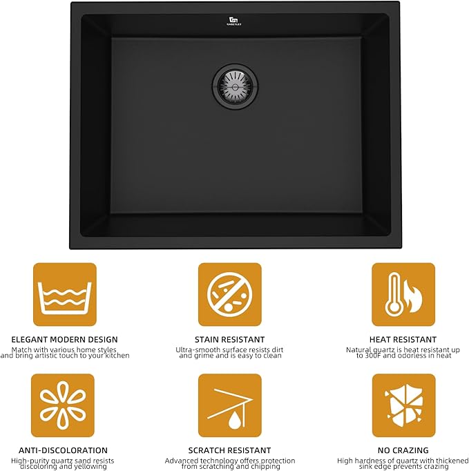 20-inch Granite Composite Kitchen Sink, GABETLET Undermount Quartz Kitchen Sinks with Spacious Workspace and Easy Cleaning, Black Single Bowl Deep Sink with Complete Accessories
