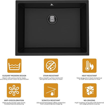 20-inch Granite Composite Kitchen Sink, GABETLET Undermount Quartz Kitchen Sinks with Spacious Workspace and Easy Cleaning, Black Single Bowl Deep Sink with Complete Accessories