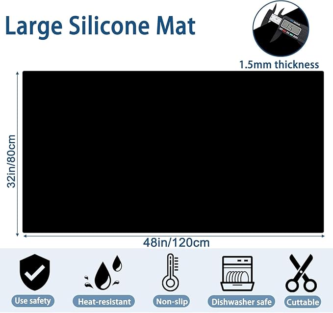 48''x32''(120cmx80cm) Large Silicone Mat for Kitchen Counter, 1.5MM Non-Slip Heat Resistant Countertop Protector, Waterproof Silicone Craft Mat for Kitchen Island, Dark Gray