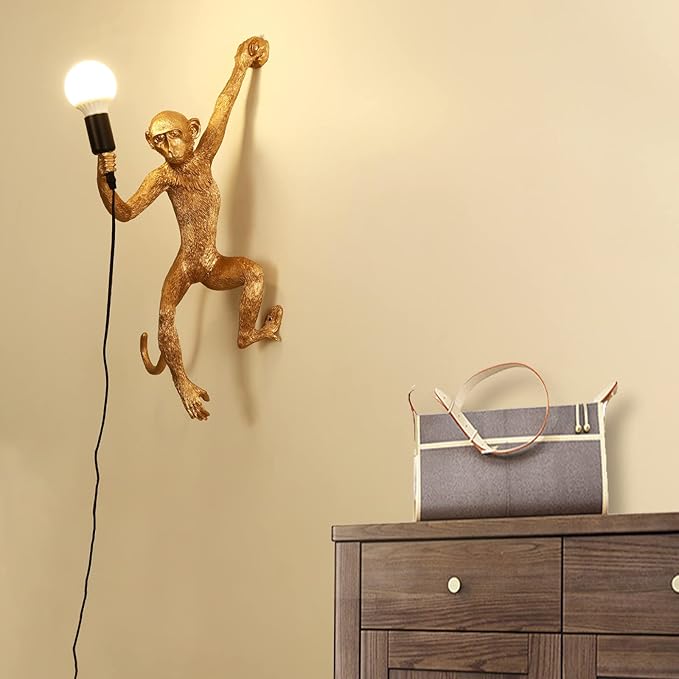 Vintage Monkey Wall Lamp, 13.7 x 27.5 Inch Retro Resin E27 Monkey Wall Light Fixture for Dining Living Room Bedroom Bar Cafe (Gold - Wall Lamp)
