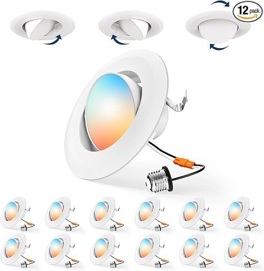 Amico 12 Pack 4 Inch Retrofit Eyeball Gimbal Can Lights, Adjustable Eyeball Directional 5CCT LED Recessed Lights, Dimmable, 2700K/3000K/3500K/4000K/5000K Selectable, 7W 650LM, ETL&FCC