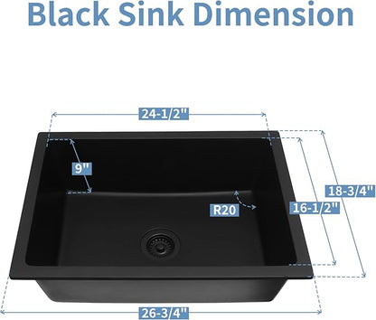 Black Kitchen Sink, Matte Black Granite Composite Kitchen Sink, 27 Inch Undermount Quartz Stone Kitchen Sinks, 27" x 18" x 9" Single Bowl Kitchen Sinks With Accessories