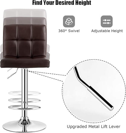COSTWAY Adjustable Bar Stools Set of 2, Modern Swivel PU Leather Bar Chair with Backrest, Soft Cushioned Seat, Footrest, Sturdy Metal Frame, Comfortable Barstools for Kitchen Island, Pub, Brown