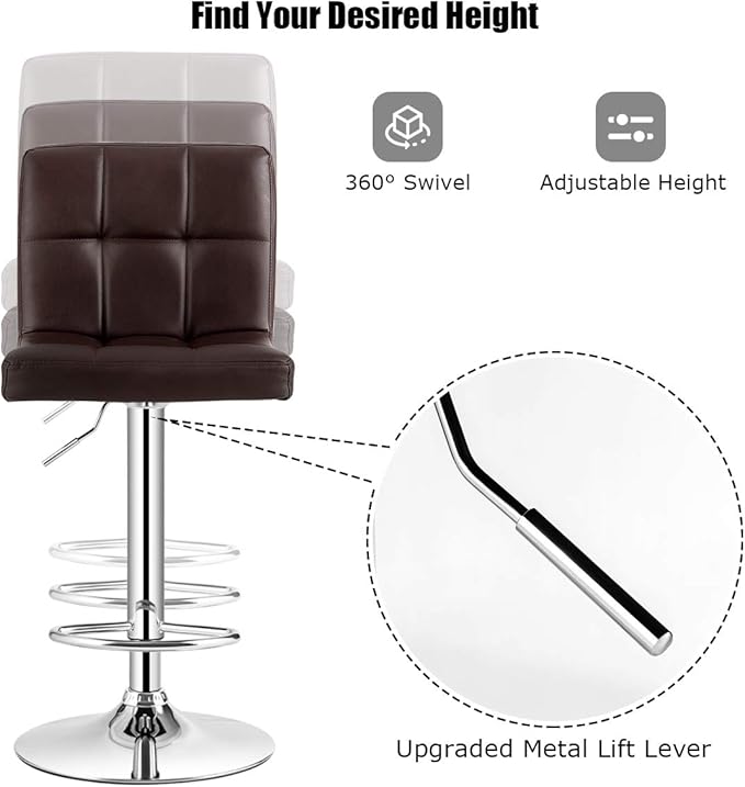COSTWAY Adjustable Bar Stools Set of 4, Modern Swivel PU Leather Bar Chair with Backrest, Soft Cushioned Seat, Footrest, Sturdy Metal Frame, Comfortable Barstools for Kitchen Island, Pub, Brown