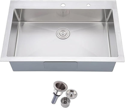 Friho 30 Inch Drop in Kitchen Sink, 30x18 Top Mount Commercial Handmade 18 Gauge Single Bowl Stainless Steel Sink With Basket Strainer