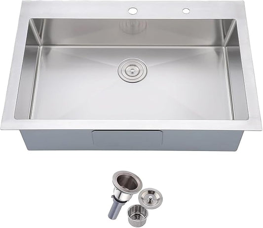 Friho 30 Inch Drop in Kitchen Sink, 30x18 Top Mount Commercial Handmade 18 Gauge Single Bowl Stainless Steel Sink With Basket Strainer