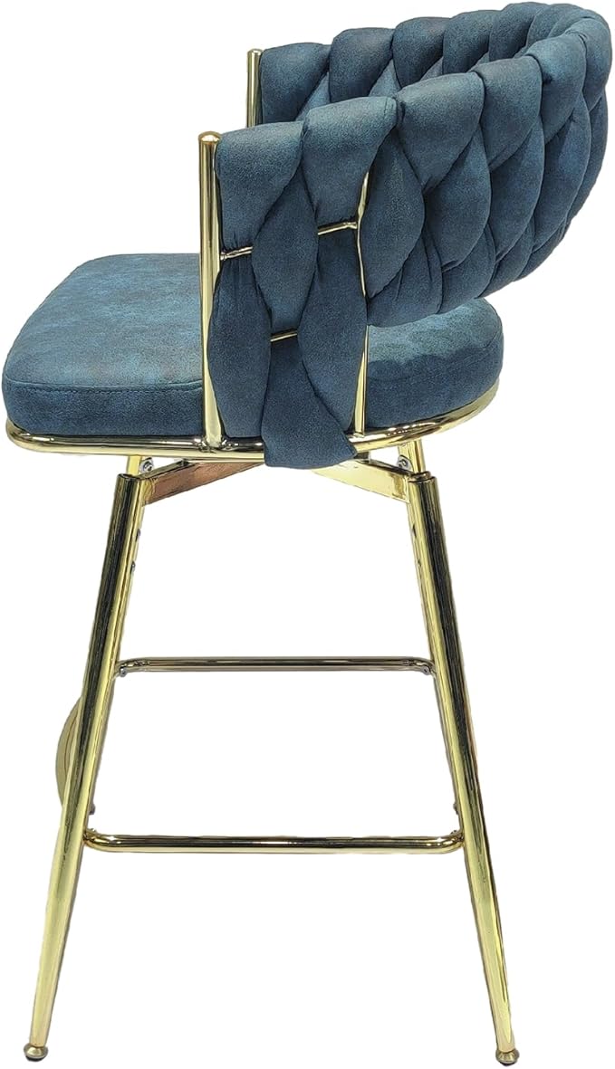 26" Bar Chair Suede Woven Bar Stool Set of 2,Golden Legs Bar stools No Adjustable Kitchen Island Chairs,360 Swivel Bar Stools Upholstered Bar Chair Counter Stool Arm Chairs with Back Footrest (Blue)