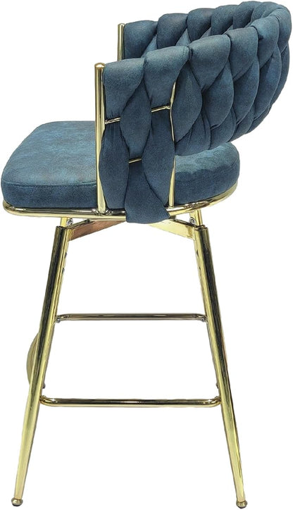 26" Bar Chair Suede Woven Bar Stool Set of 2,Golden Legs Bar stools No Adjustable Kitchen Island Chairs,360 Swivel Bar Stools Upholstered Bar Chair Counter Stool Arm Chairs with Back Footrest (Blue)