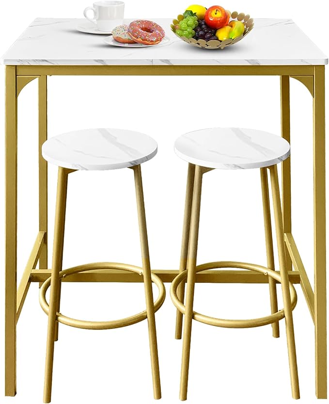 AT-VALY 3-Piece Bar Table Set with 2 Stools,Dining Room Table Set,Small Spaces (Gold)