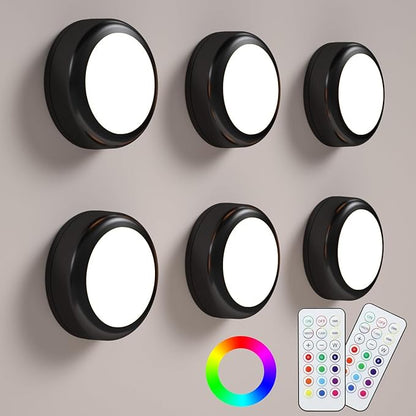 LED Puck Lights with Remote, 13-Color Under Cabinet Lighting Wireless, Battery Operated Stick-On Lights, Dimmable Push Light for Closet/Shelf/Wall (Black-6 Pack)